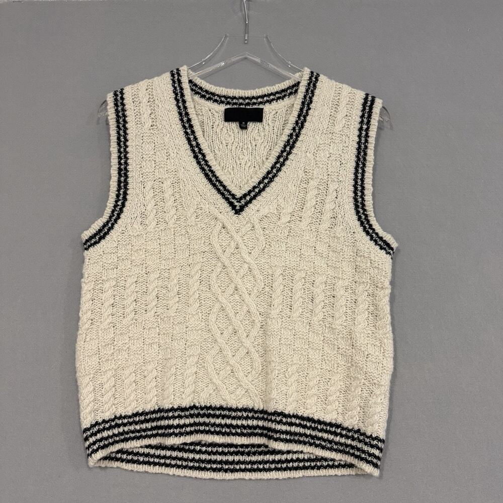 Nili Lotan NANETTE Sweater Vest Medium Ivory Black Trim Wool Cotton Alpaca Knit